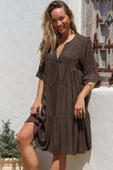 Ayva Mini Dress - 3/4 Sleeve Tiered Smock Dress in Chocolate