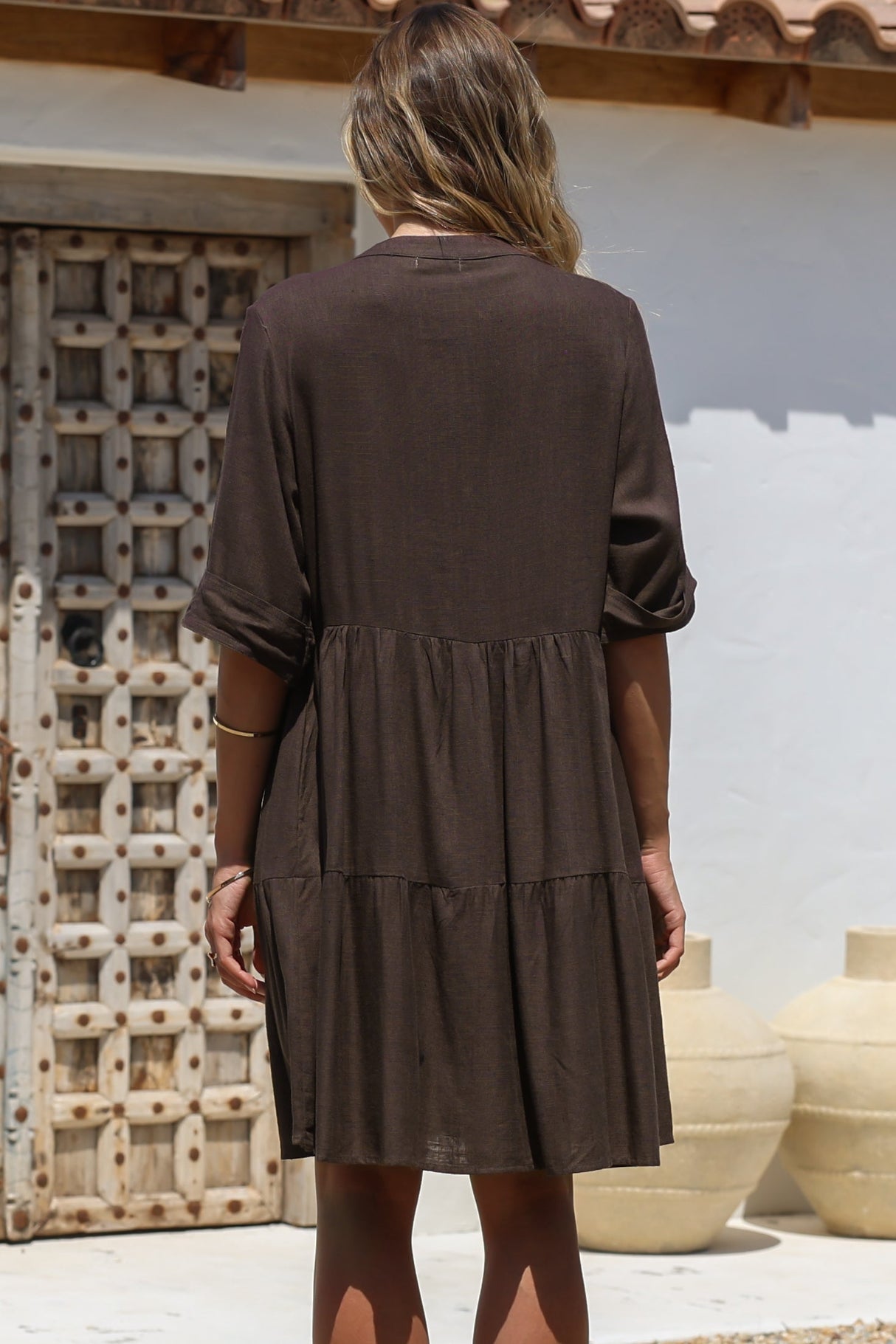 Ayva Mini Dress - 3/4 Sleeve Tiered Smock Dress in Chocolate