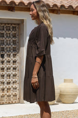 Ayva Mini Dress - 3/4 Sleeve Tiered Smock Dress in Chocolate