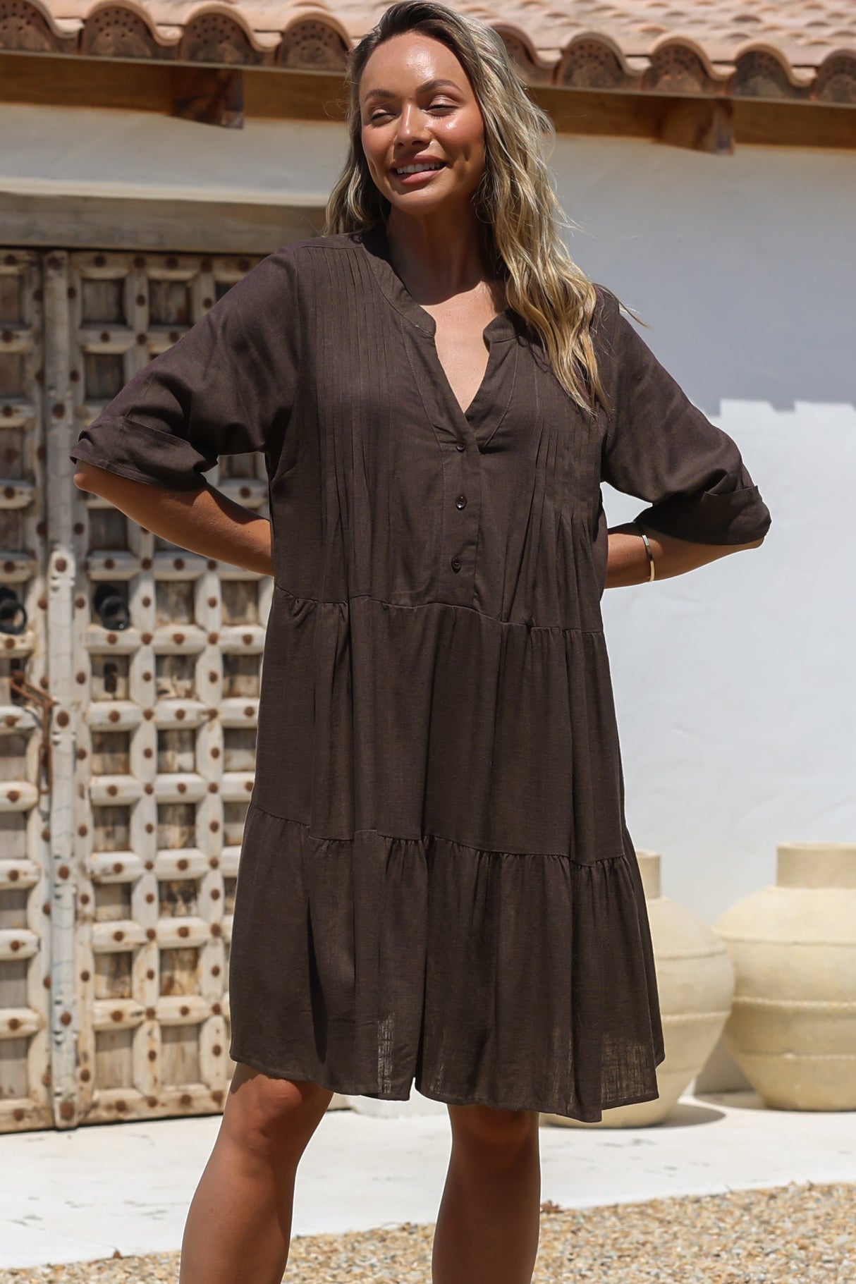 Ayva Mini Dress - 3/4 Sleeve Tiered Smock Dress in Chocolate