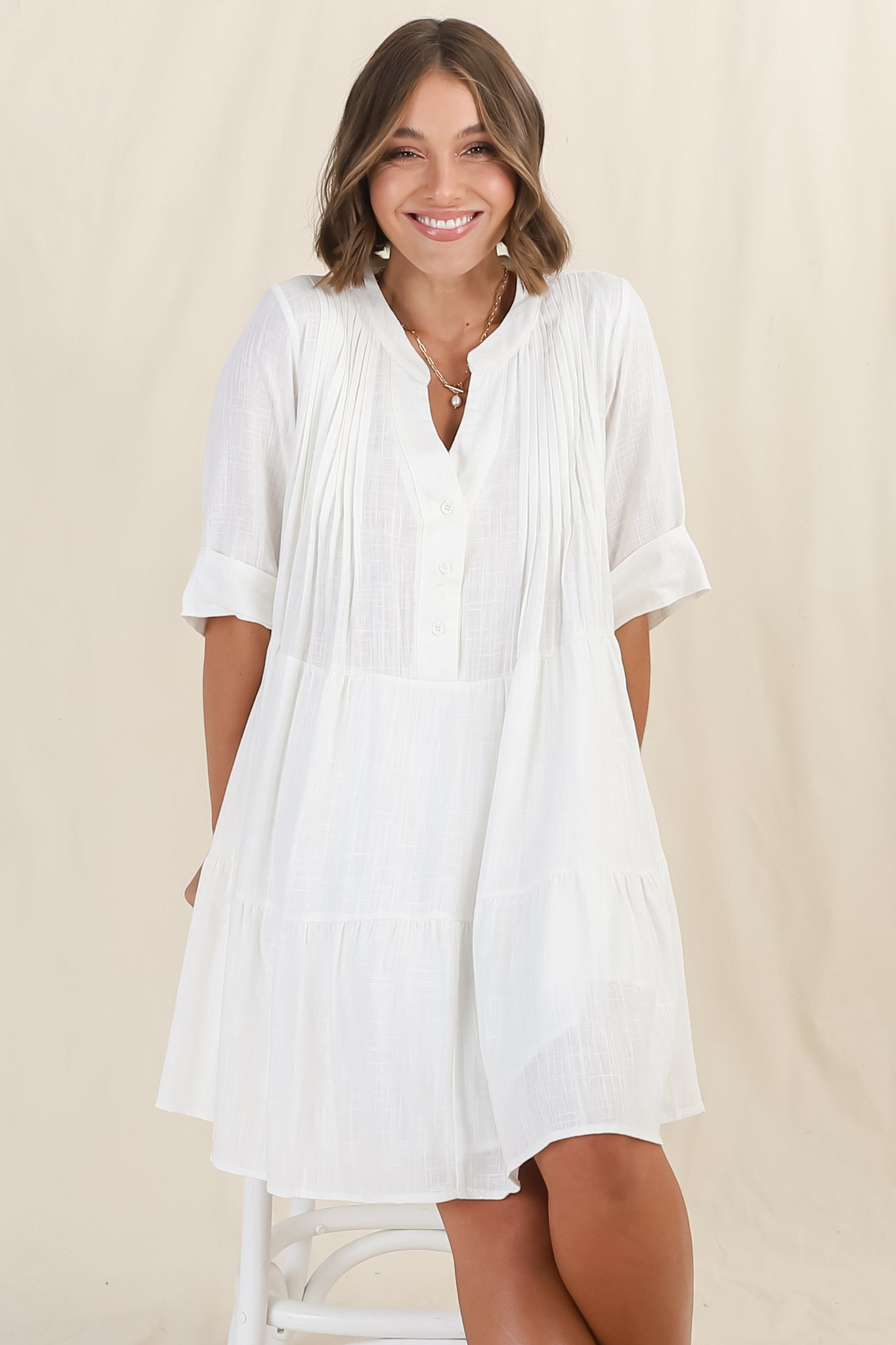 Ayva Mini Dress - 3/4 Sleeve Tiered Smock Dress in Off White