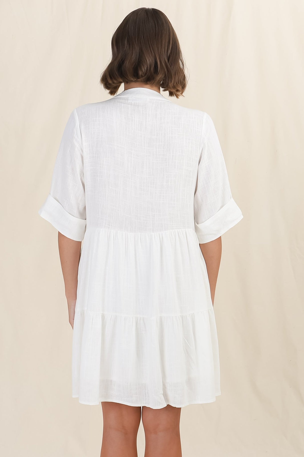 Ayva Mini Dress - 3/4 Sleeve Tiered Smock Dress in Off White