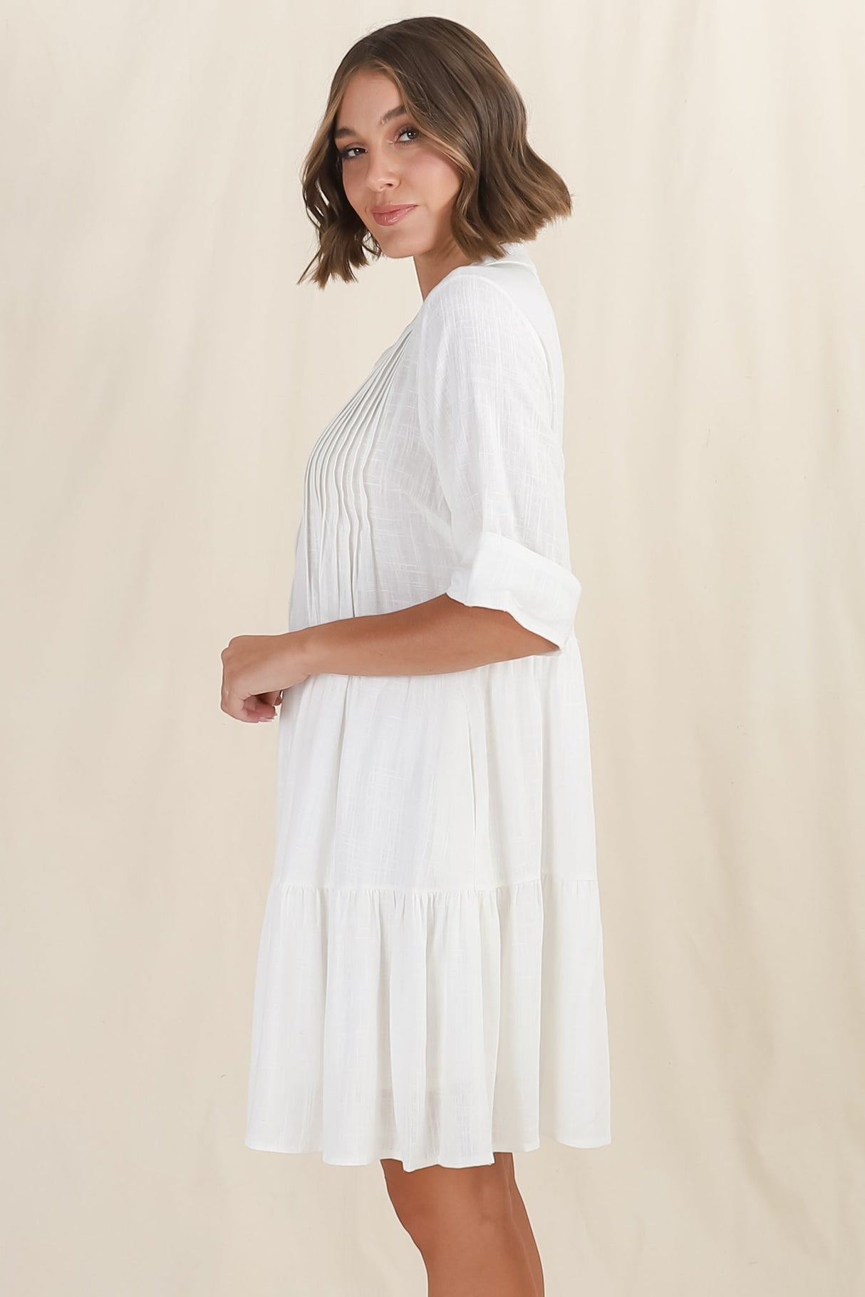 Ayva Mini Dress - 3/4 Sleeve Tiered Smock Dress in Off White