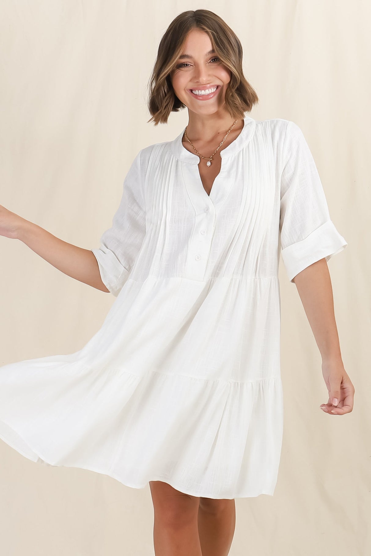 Ayva Mini Dress - 3/4 Sleeve Tiered Smock Dress in Off White