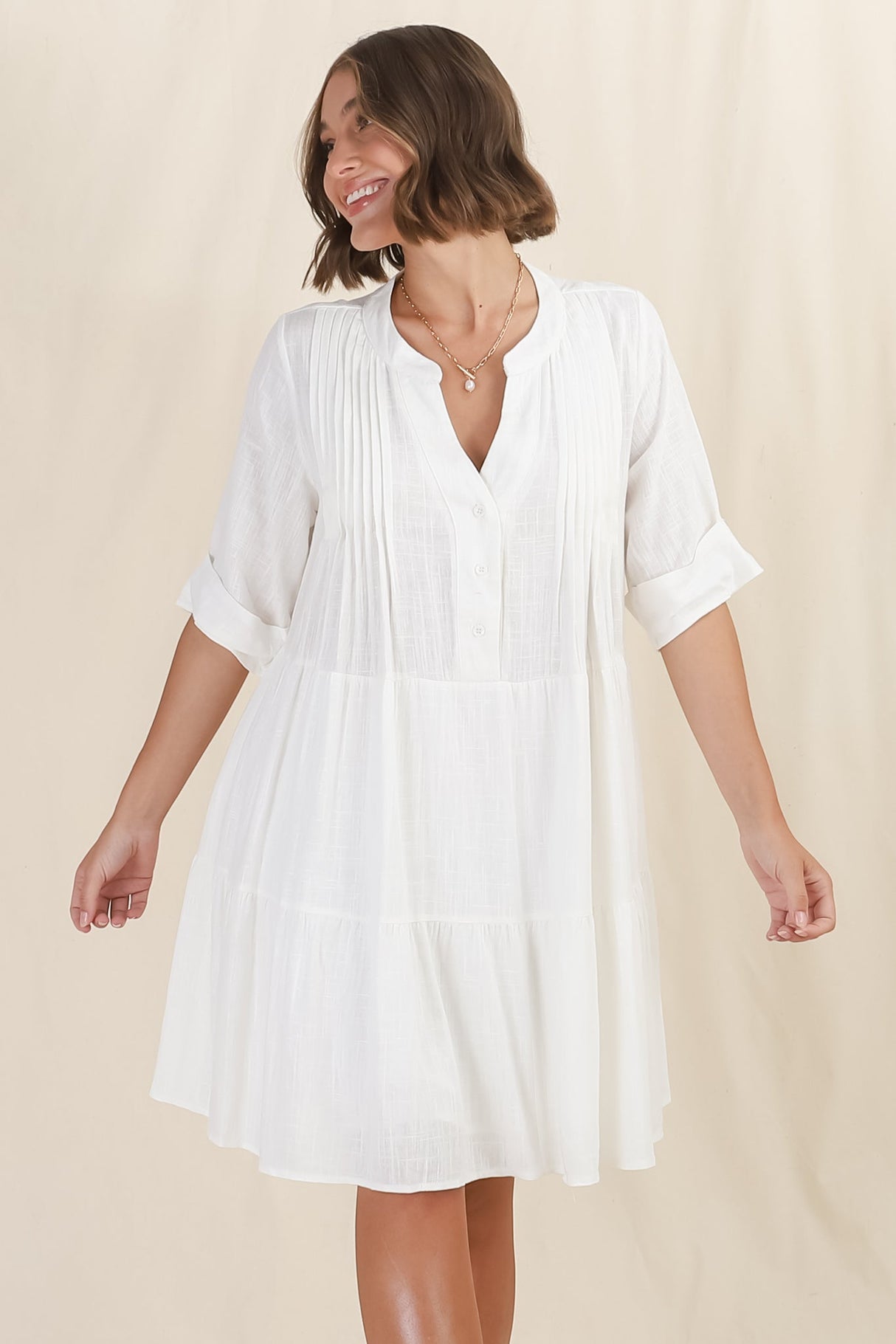 Ayva Mini Dress - 3/4 Sleeve Tiered Smock Dress in Off White