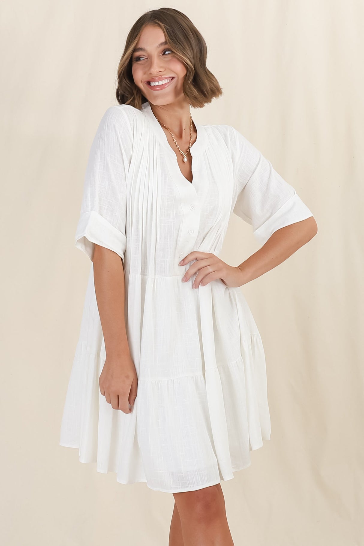 Ayva Mini Dress - 3/4 Sleeve Tiered Smock Dress in Off White