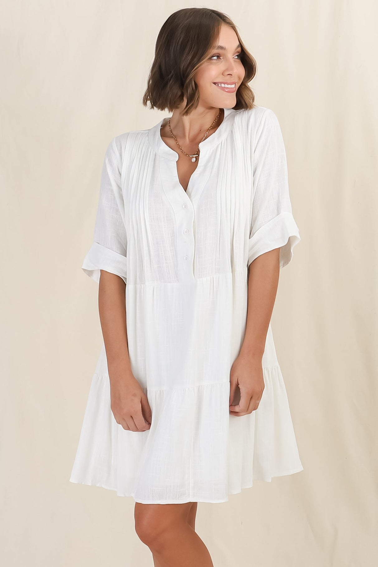 Ayva Mini Dress - 3/4 Sleeve Tiered Smock Dress in Off White