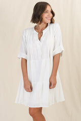 Ayva Mini Dress - 3/4 Sleeve Tiered Smock Dress in Off White