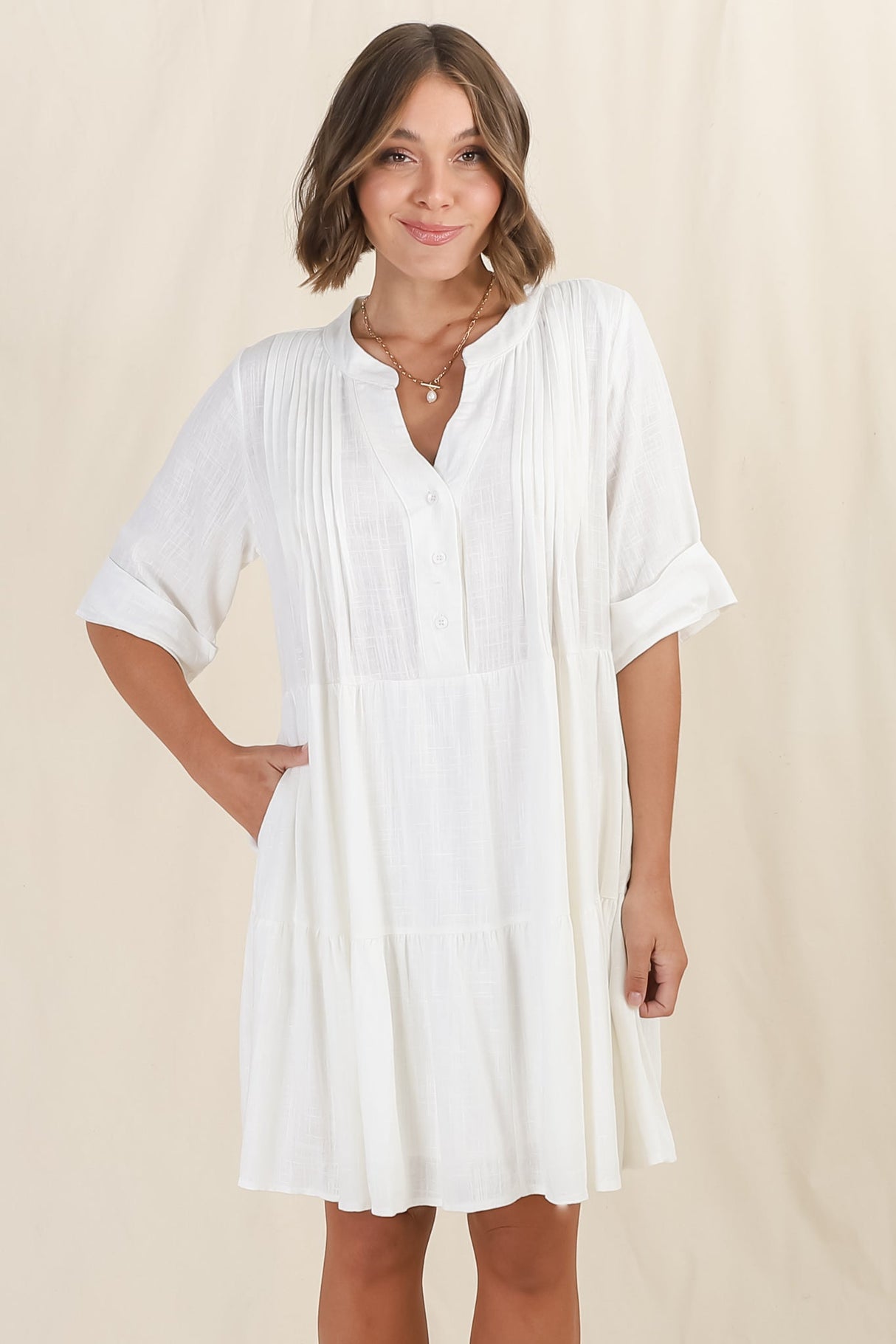 Ayva Mini Dress - 3/4 Sleeve Tiered Smock Dress in Off White