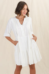 Ayva Mini Dress - 3/4 Sleeve Tiered Smock Dress in Off White