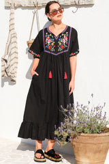 Azalea 1/2 Sleeve Midi Dress - Floral Embroidered Motif Shift Dress in Black