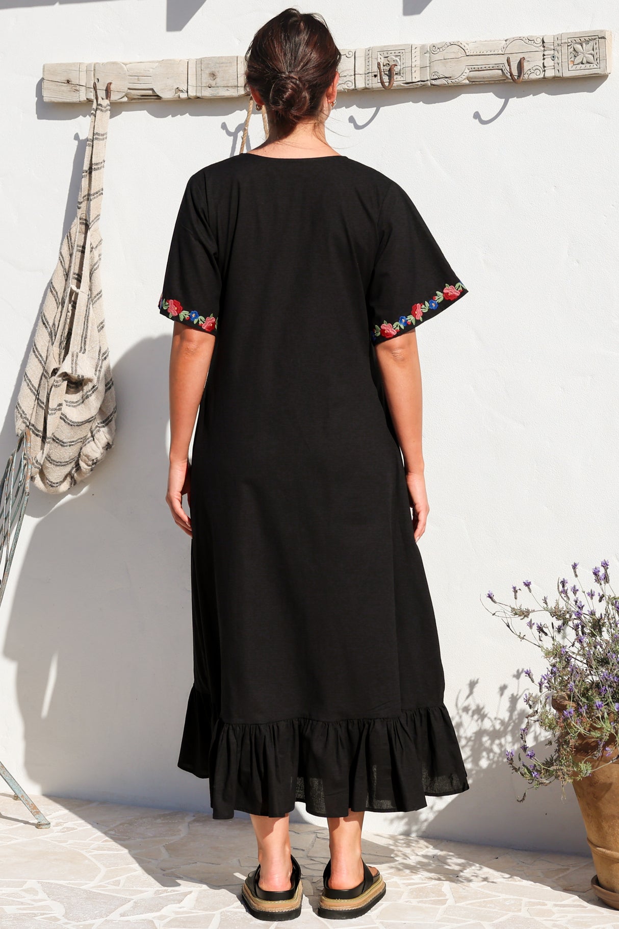 Azalea 1/2 Sleeve Midi Dress - Floral Embroidered Motif Shift Dress in Black