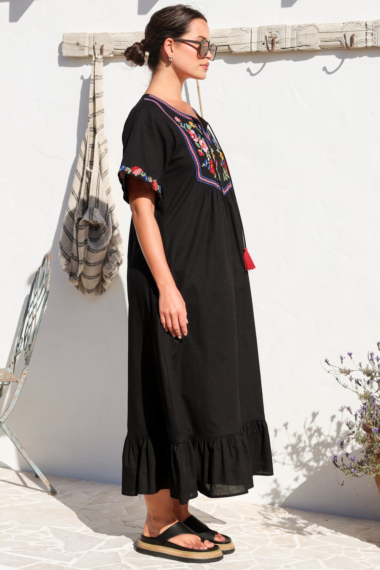 Azalea 1/2 Sleeve Midi Dress - Floral Embroidered Motif Shift Dress in Black