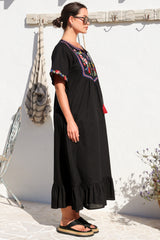 Azalea 1/2 Sleeve Midi Dress - Floral Embroidered Motif Shift Dress in Black