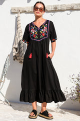 Azalea 1/2 Sleeve Midi Dress - Floral Embroidered Motif Shift Dress in Black