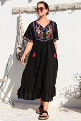 Azalea 1/2 Sleeve Midi Dress - Floral Embroidered Motif Shift Dress in Black