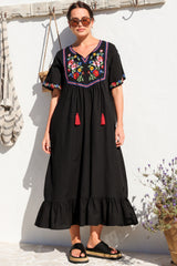 Azalea 1/2 Sleeve Midi Dress - Floral Embroidered Motif Shift Dress in Black