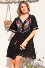 Azalea 1/2 Sleeve Mini Dress - Floral Embroidered Motif Shift Dress in Black