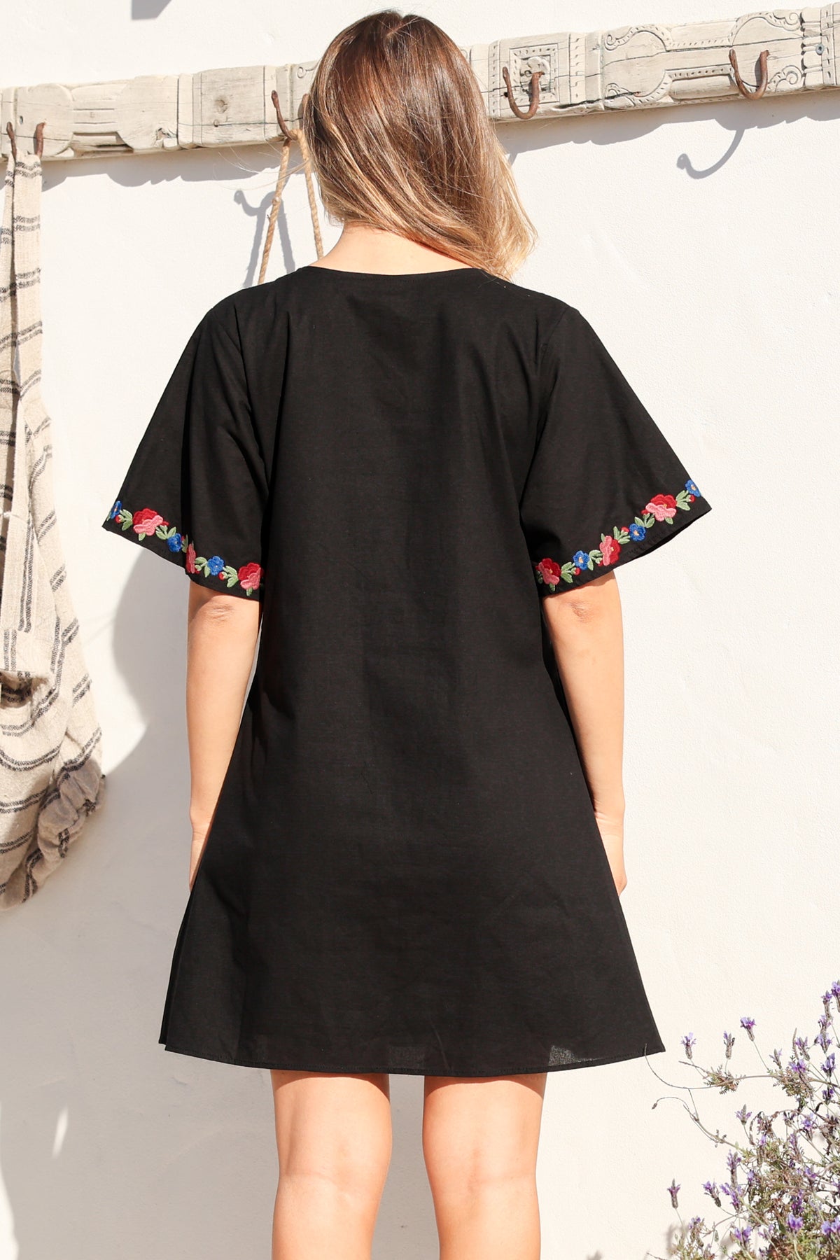 Azalea 1/2 Sleeve Mini Dress - Floral Embroidered Motif Shift Dress in Black
