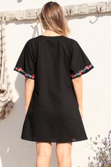Azalea 1/2 Sleeve Mini Dress - Floral Embroidered Motif Shift Dress in Black
