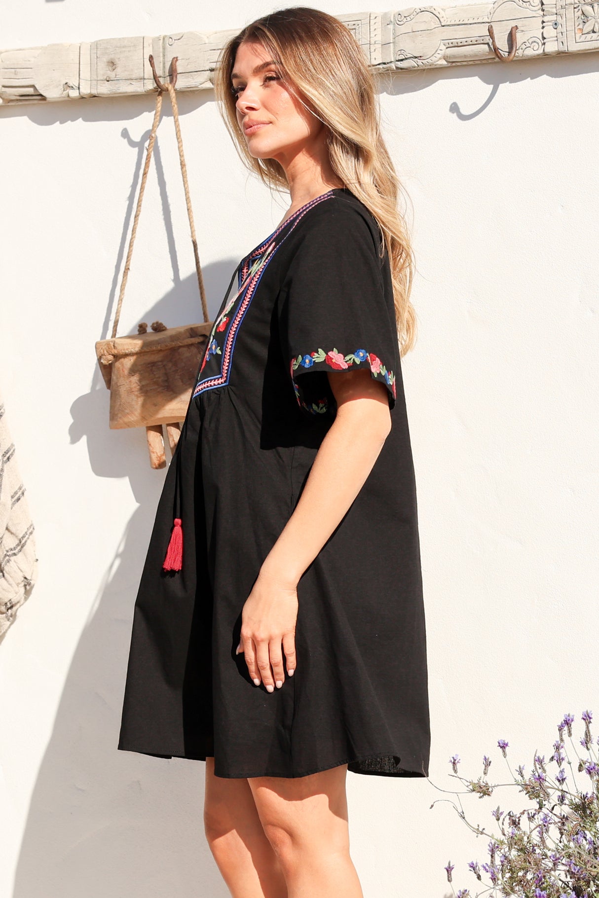 Azalea 1/2 Sleeve Mini Dress - Floral Embroidered Motif Shift Dress in Black