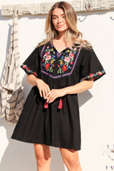 Azalea 1/2 Sleeve Mini Dress - Floral Embroidered Motif Shift Dress in Black