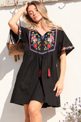 Azalea 1/2 Sleeve Mini Dress - Floral Embroidered Motif Shift Dress in Black