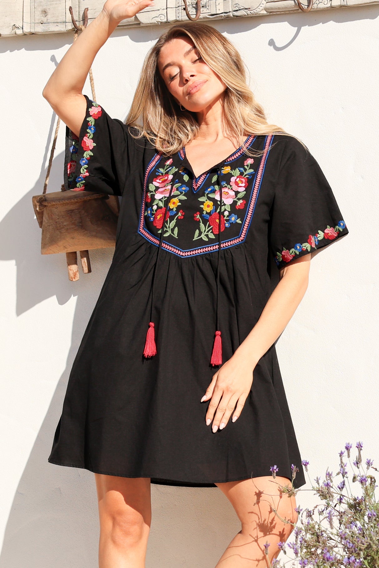 Azalea 1/2 Sleeve Mini Dress - Floral Embroidered Motif Shift Dress in Black