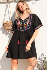 Azalea 1/2 Sleeve Mini Dress - Floral Embroidered Motif Shift Dress in Black