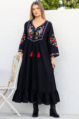 Azalea Midi Dress - Floral Embroidered Bodice Motif Shift Dress with Frill Hem in Black
