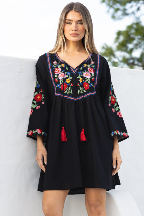 Model wearing Azalea Mini Dress in Black from Salty Crush