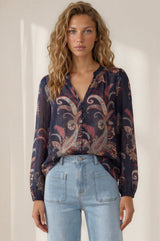 Model wearing Azalia Blouse in Chateau Print from Salty Crush
