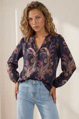 Model wearing Azalia Blouse in Chateau Print from Salty Crush