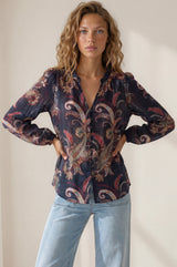 Model wearing Azalia Blouse in Chateau Print from Salty Crush