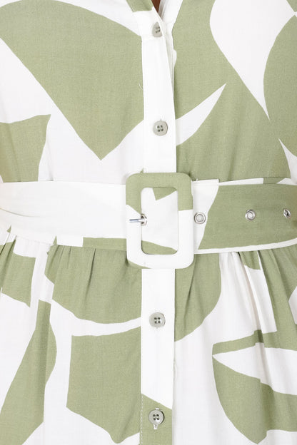 Azira Mini Dress - Button Down Collared Dress with Statement Belt in Kiwi