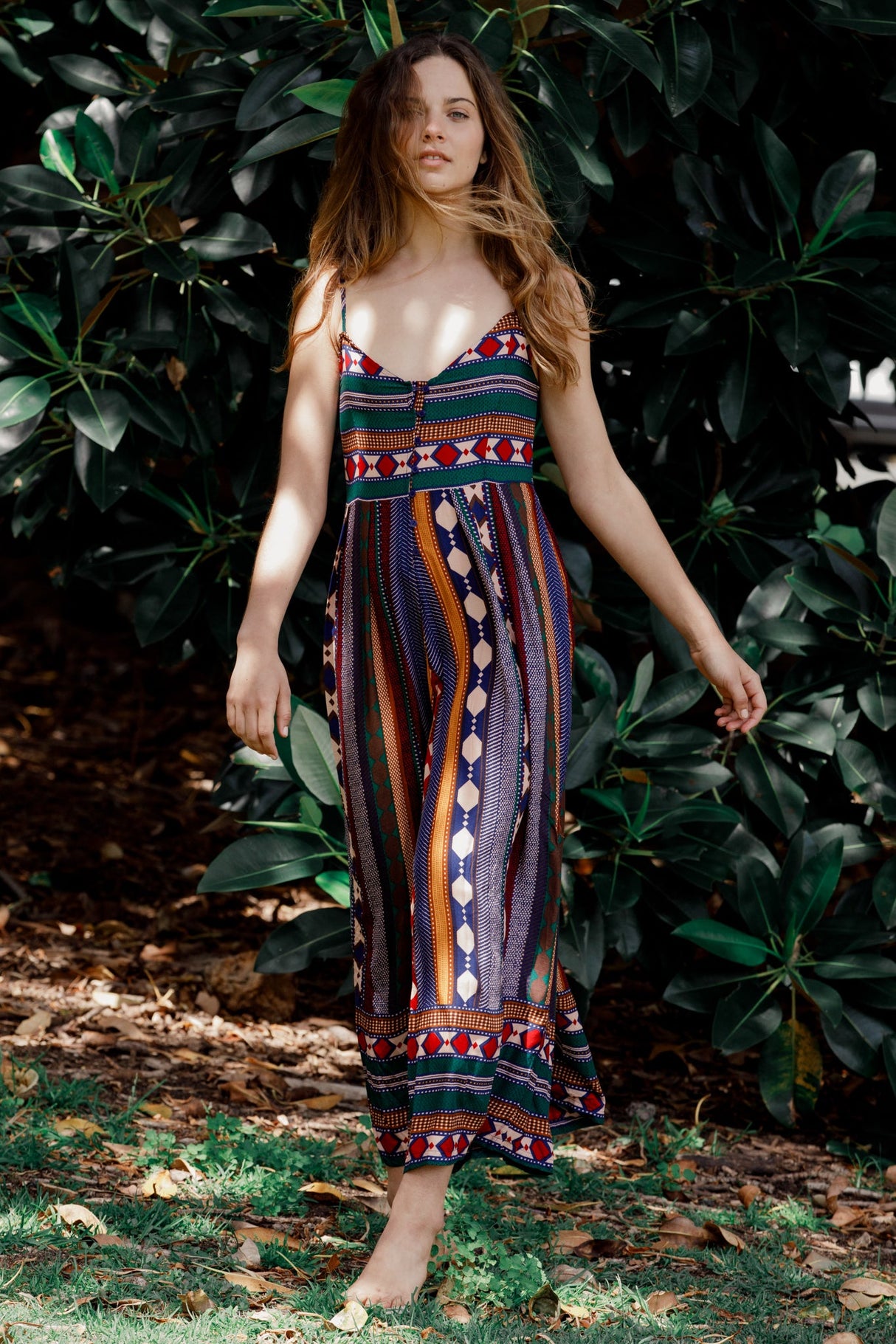 JAASE - Aztec Print Jumpsuit: Adjustable Strap Wide Leg Jumpsuit