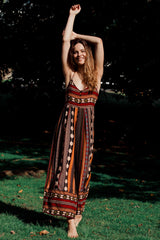 JAASE - Aztec Print Jumpsuit: Adjustable Strap Wide Leg Jumpsuit in Wine