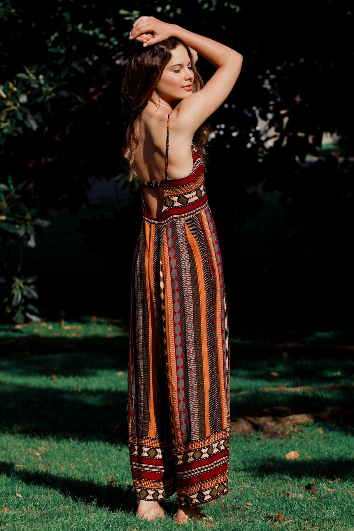 JAASE - Aztec Print Jumpsuit: Adjustable Strap Wide Leg Jumpsuit in Wine