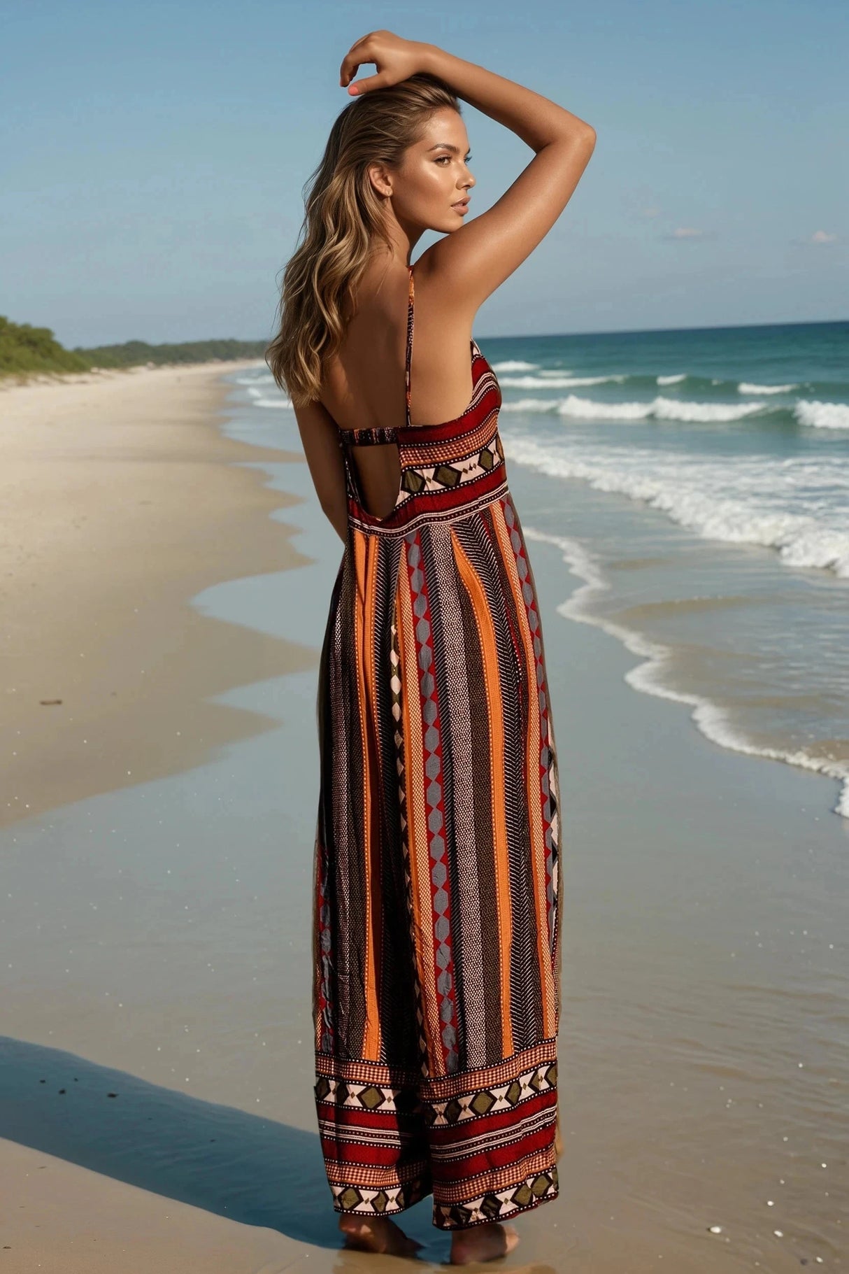 JAASE - Aztec Print Jumpsuit: Adjustable Strap Wide Leg Jumpsuit in Wine