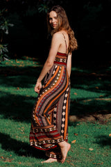 JAASE - Aztec Print Jumpsuit: Adjustable Strap Wide Leg Jumpsuit in Wine