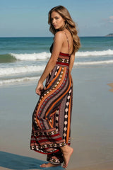 JAASE - Aztec Print Jumpsuit: Adjustable Strap Wide Leg Jumpsuit in Wine