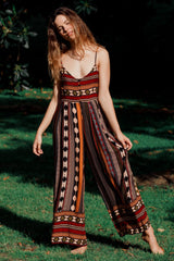 JAASE - Aztec Print Jumpsuit: Adjustable Strap Wide Leg Jumpsuit in Wine