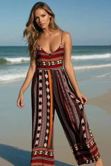 JAASE - Aztec Print Jumpsuit: Adjustable Strap Wide Leg Jumpsuit in Wine