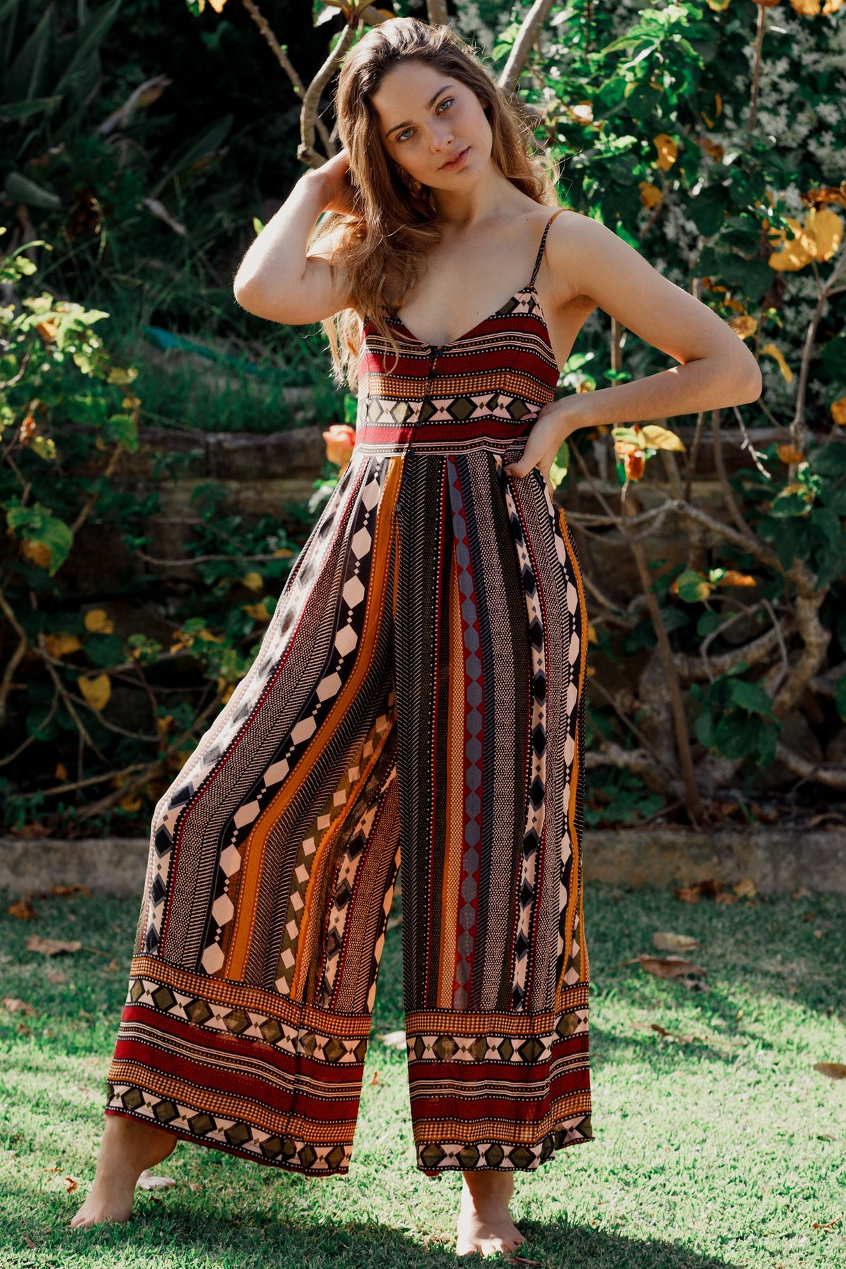 JAASE - Aztec Print Jumpsuit: Adjustable Strap Wide Leg Jumpsuit in Wine