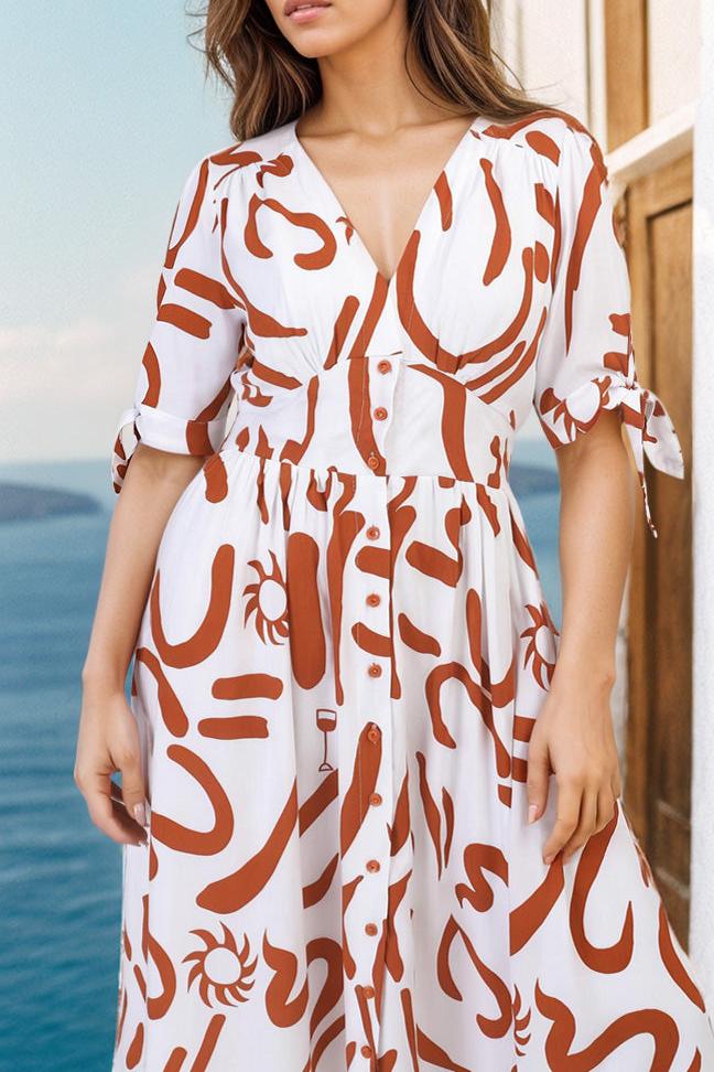 Nelli Midi Dress - V Neckline A Line Dress with Tie Detail Sleeve in Daley Print Terracotta