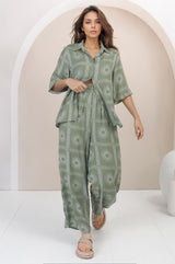 Rayane Collared Shirt and Pants Set - Astra Print in Green