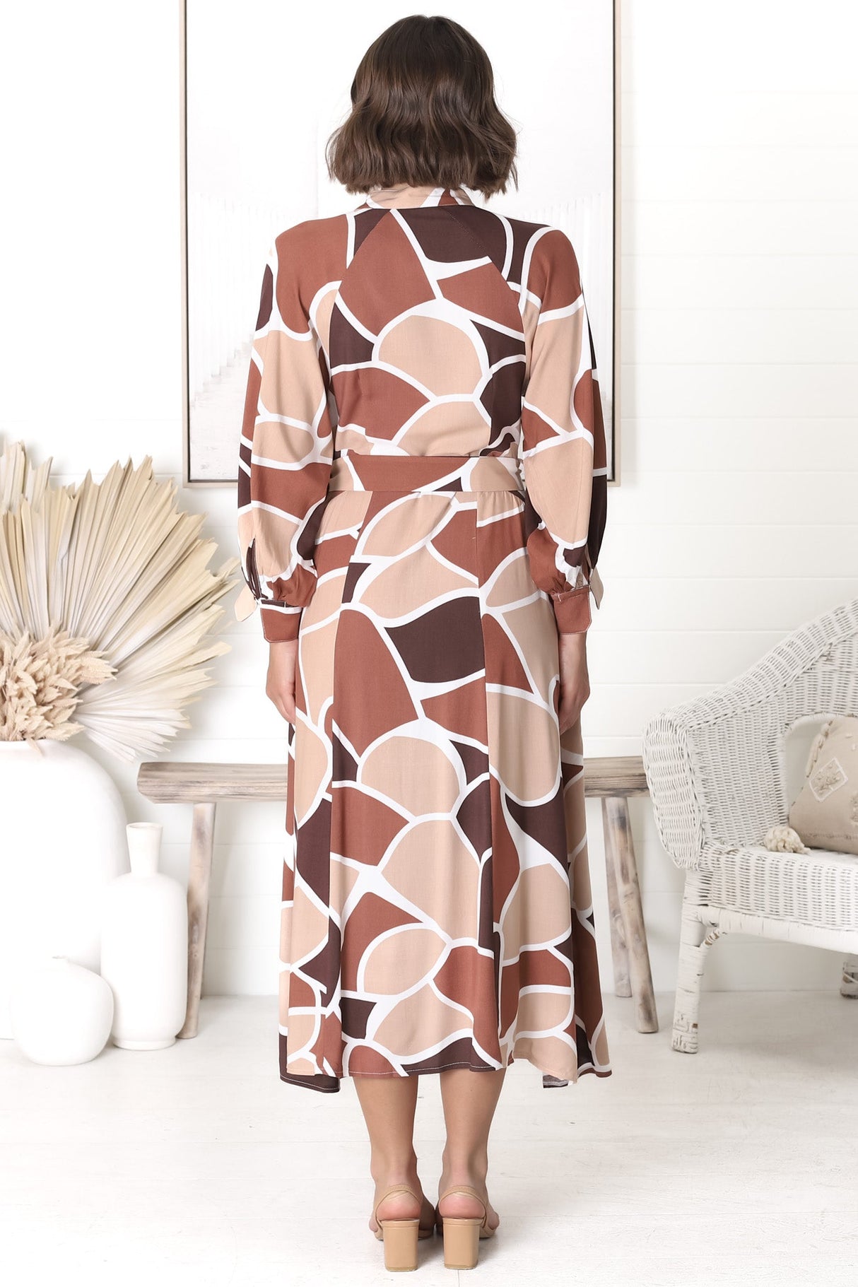 Baden Midi Dress - Mandarin Collar Button Down Dress in Abstract Chocco Print