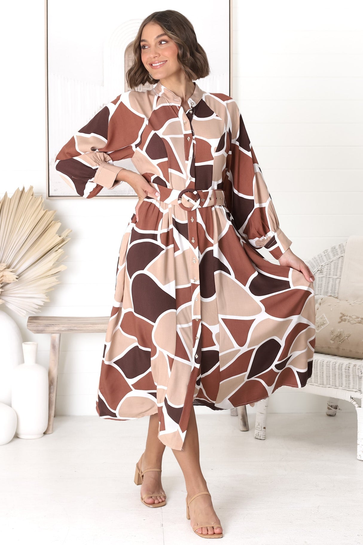 Baden Midi Dress - Mandarin Collar Button Down Dress in Abstract Chocco Print