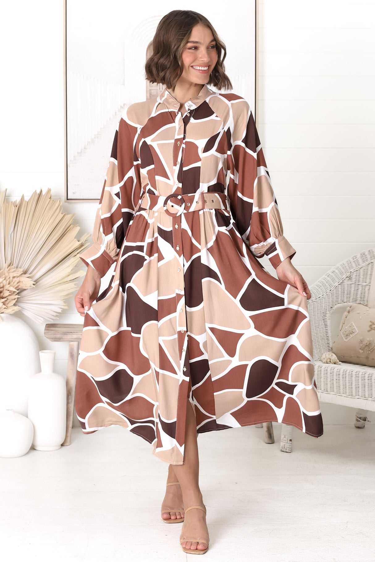 Baden Midi Dress - Mandarin Collar Button Down Dress in Abstract Chocco Print