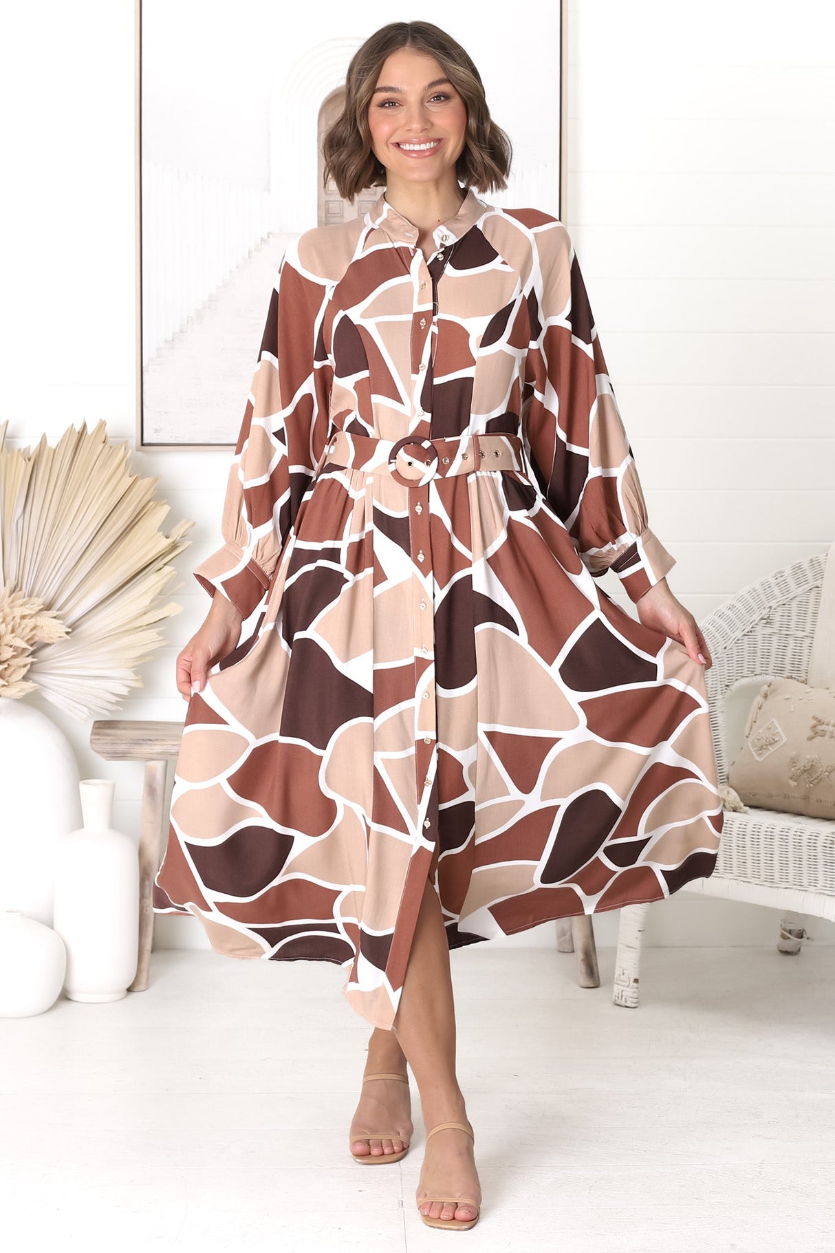 Baden Midi Dress - Mandarin Collar Button Down Dress in Abstract Chocco Print